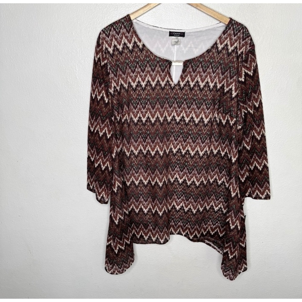 Cocomo Woman Chevron Top Womens 3X Burgundy Red Shark Bite Hem 3/4 Sleeve Blouse